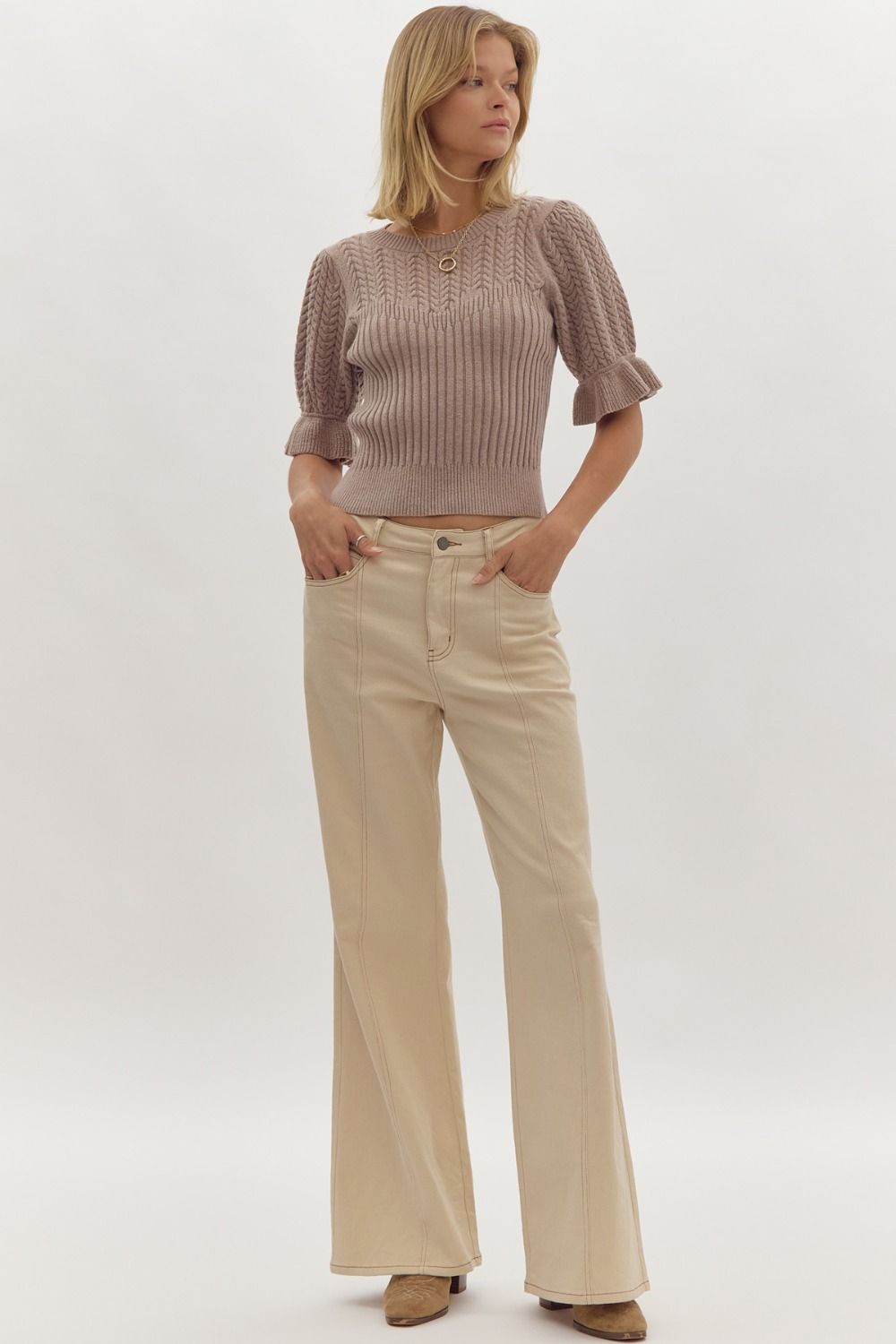 Solid Textured Knit Cropped Sweater w/ Ruffle Cuff