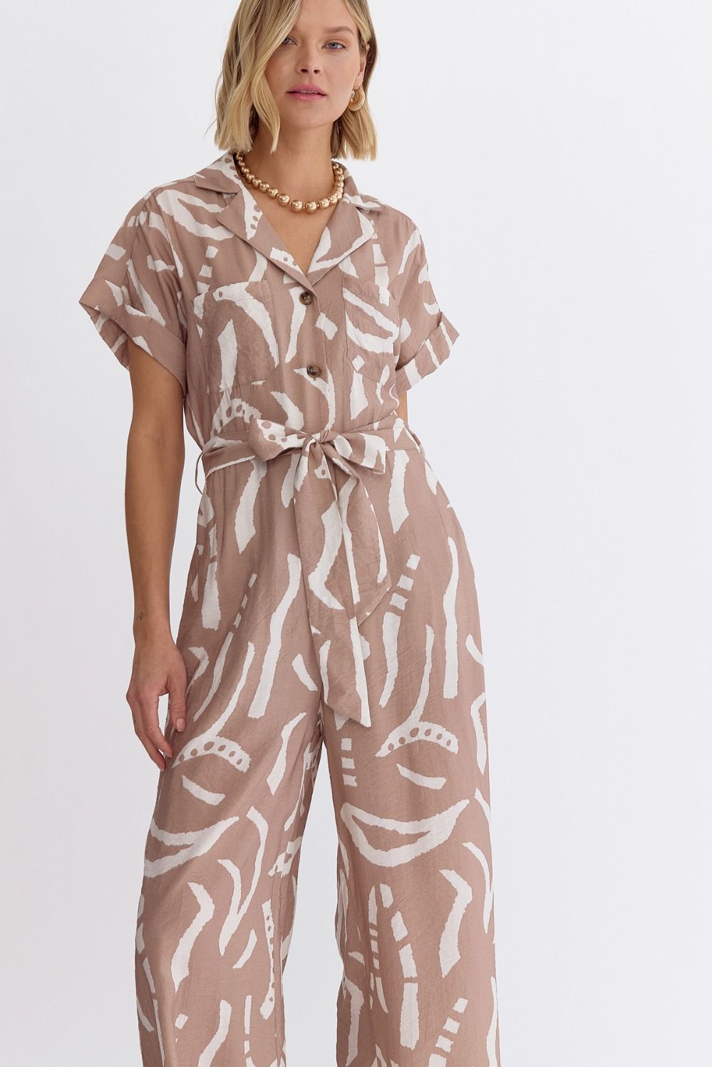 Printed V Neck Collared Button Up Short Sleeve Romper w/ Tie and Pockets