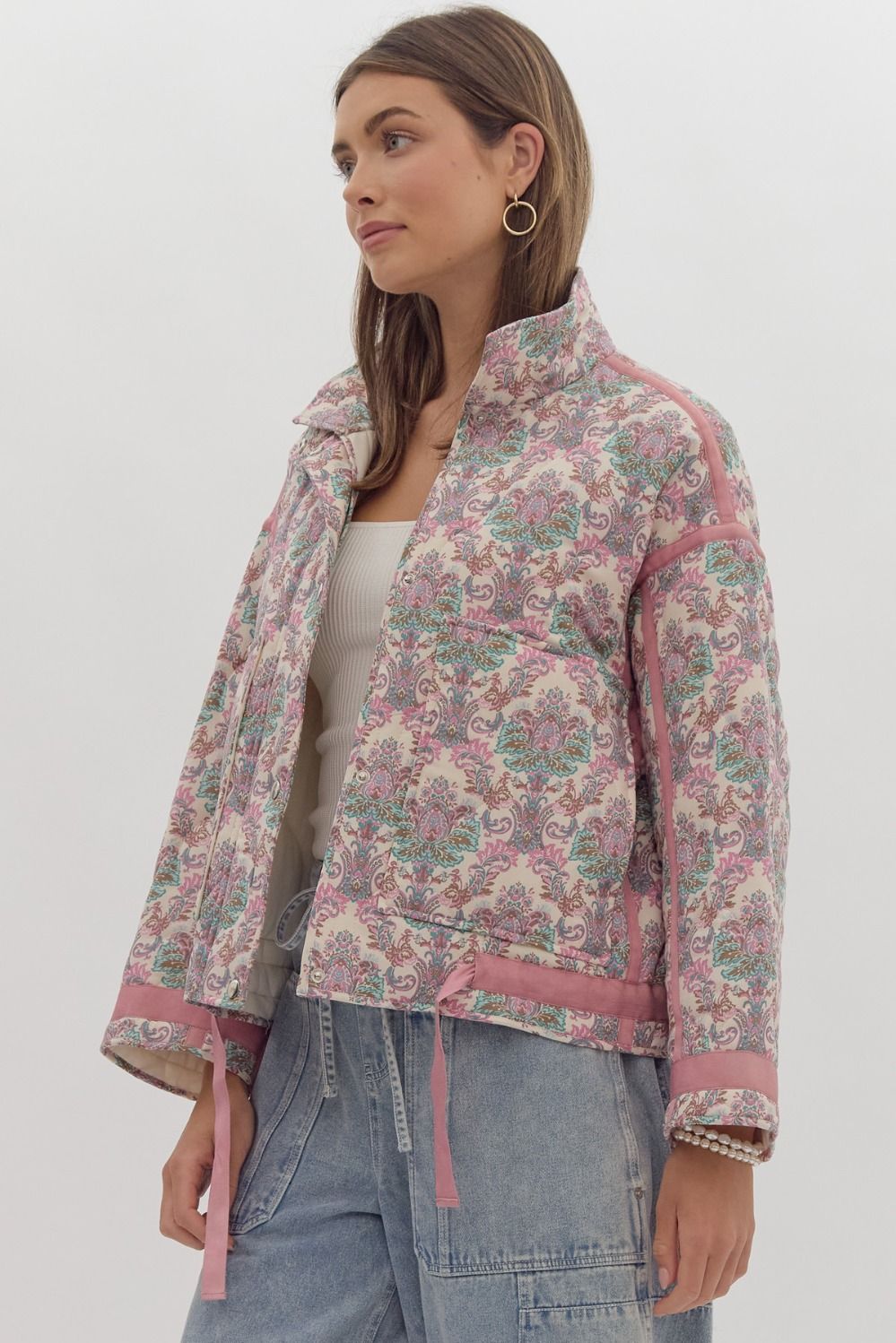 Printed Long Sleeve Snap Button Jacket w/ Side Pockets & Self Tie Detail at Waist