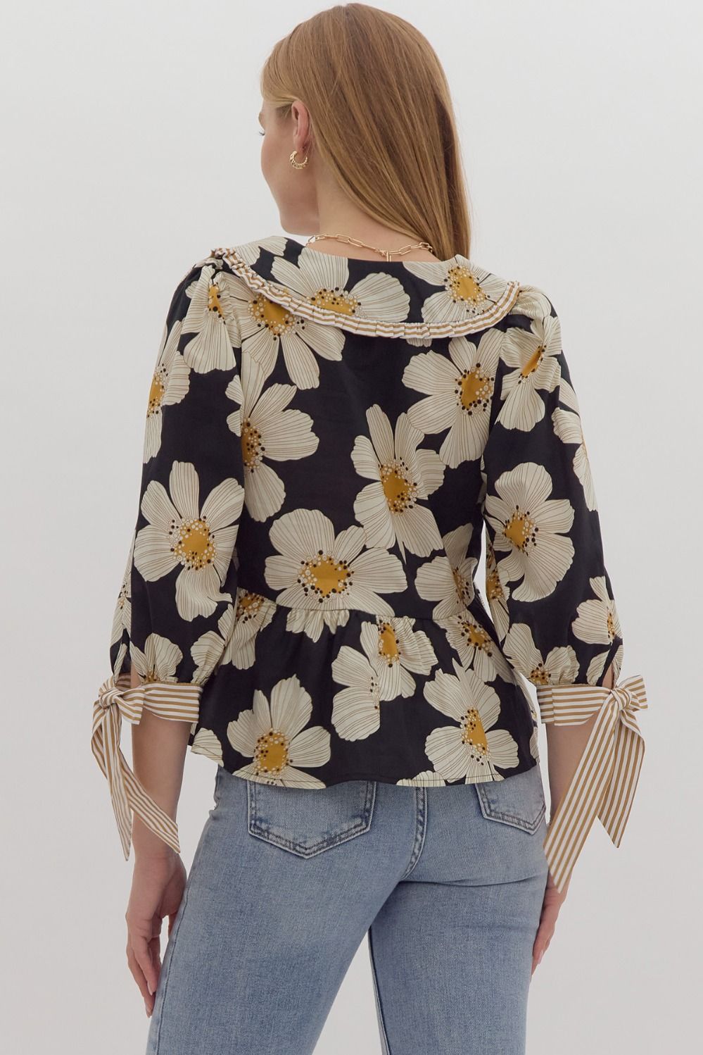 Floral Print Relaxed Fit Peplum Top w/ Ruffled Edge Peter Pan Collar