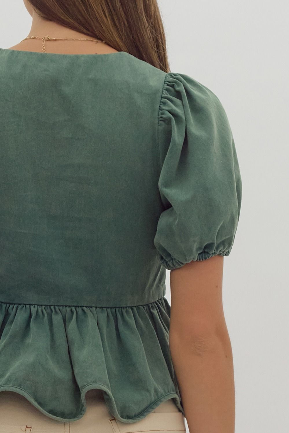 Solid Short Puff Sleeve Square Neck Ruffled Peplum Top w/ Bow Detail