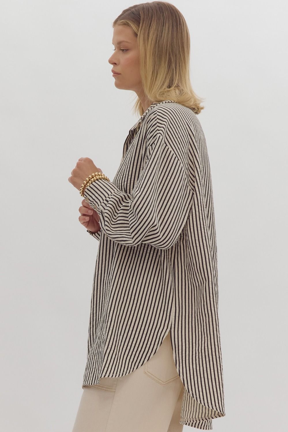 Stripe Collared Button Up Long Sleeve Oversized Top w/ Hi-Low Hem