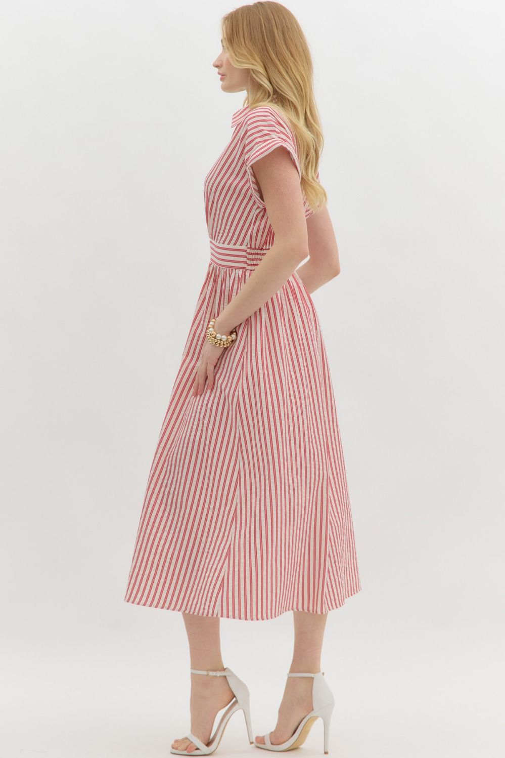 Stripe pattern surplice spread collar short sleeve pullover midi dress w/ faux button closure skirt, pockets, & smocked waist at back