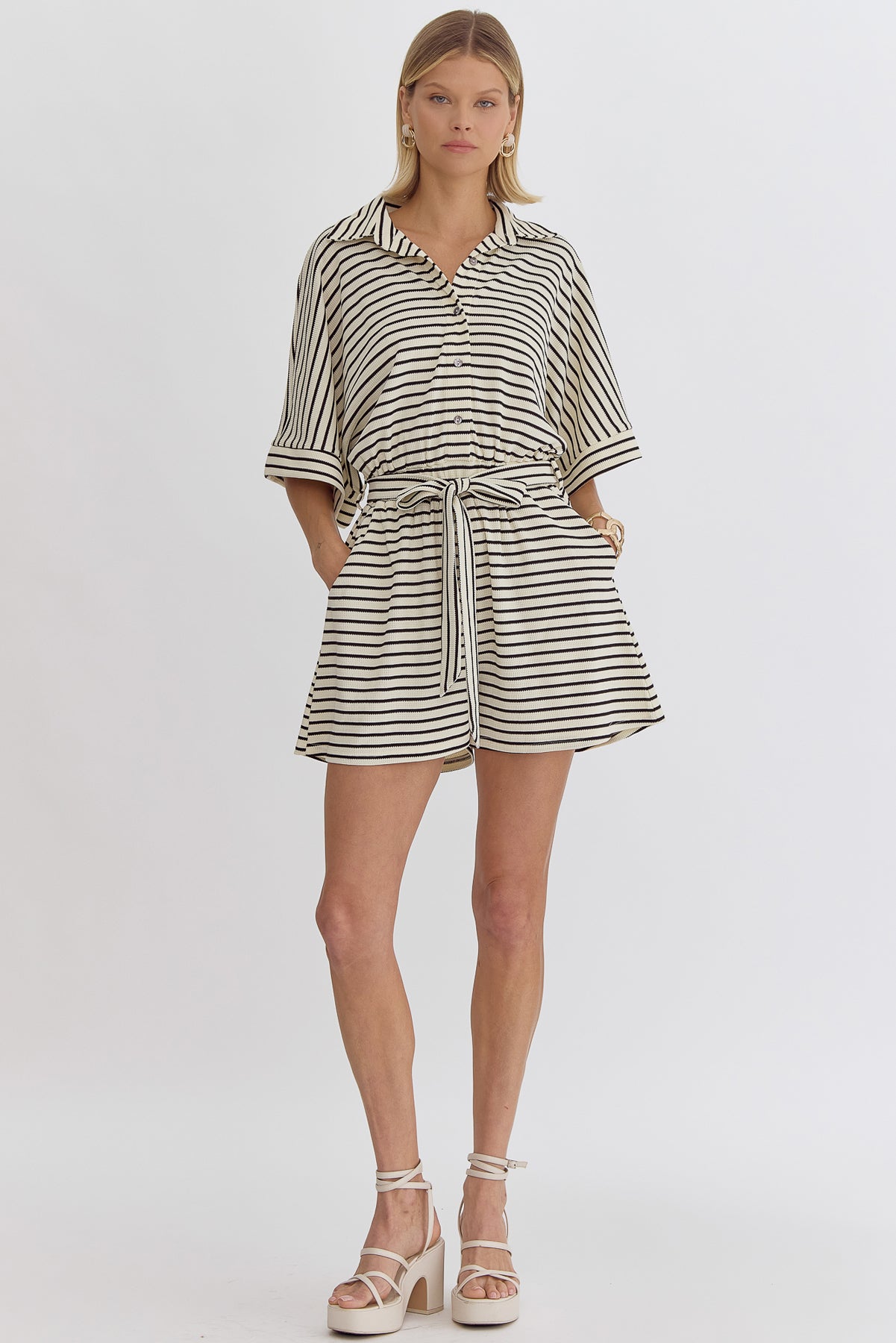 Textured Stripe Print Button Down Collared Half Sleeve Romper