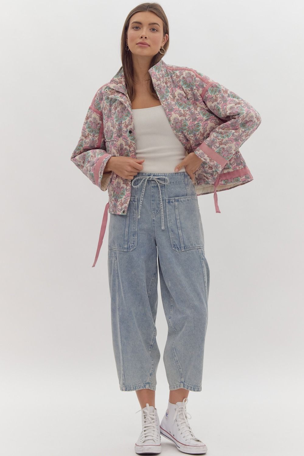 Printed Long Sleeve Snap Button Jacket w/ Side Pockets & Self Tie Detail at Waist