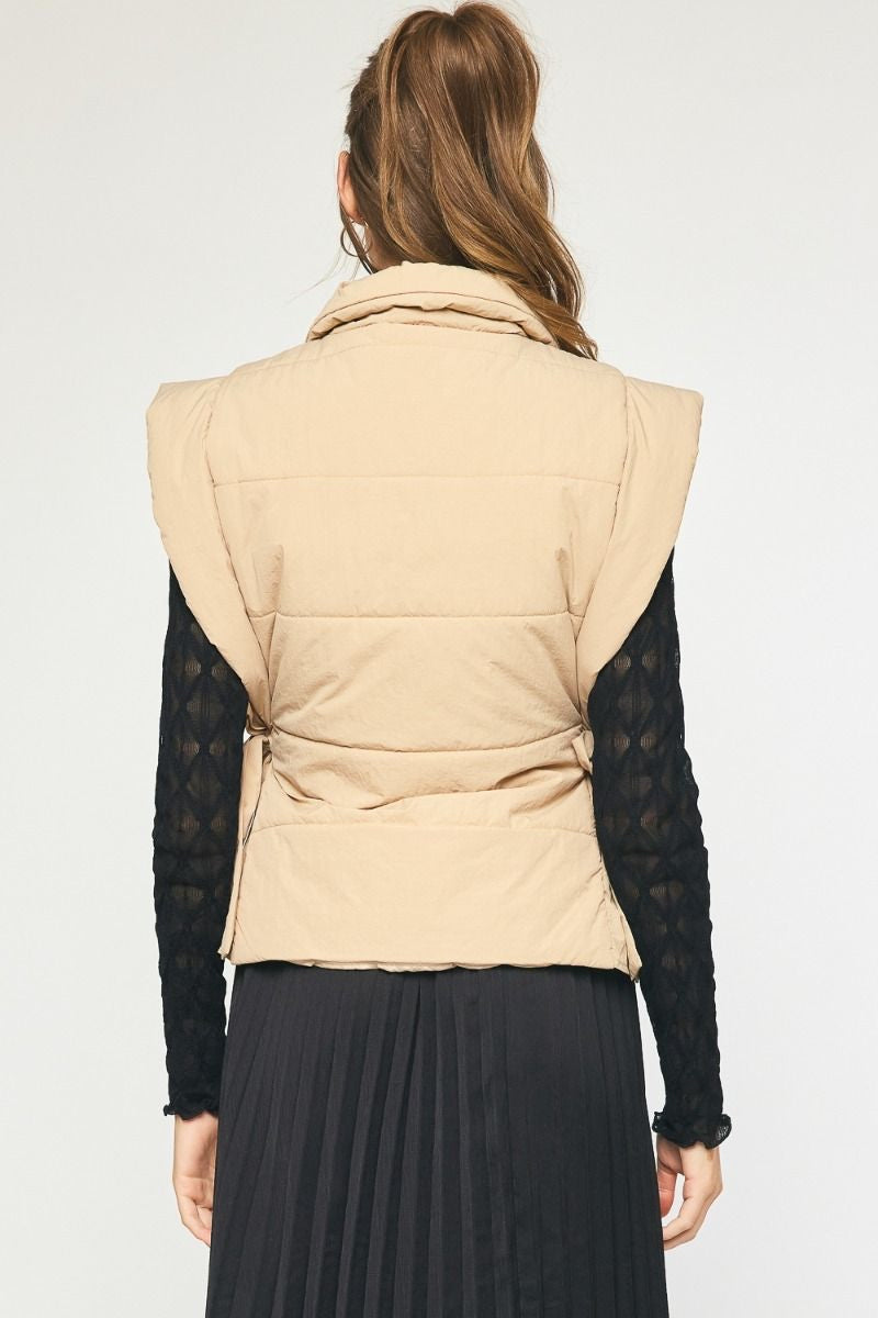 Solid Quilted Zip Up Collared Vest w/ Self Tie at Side w/ Pockets