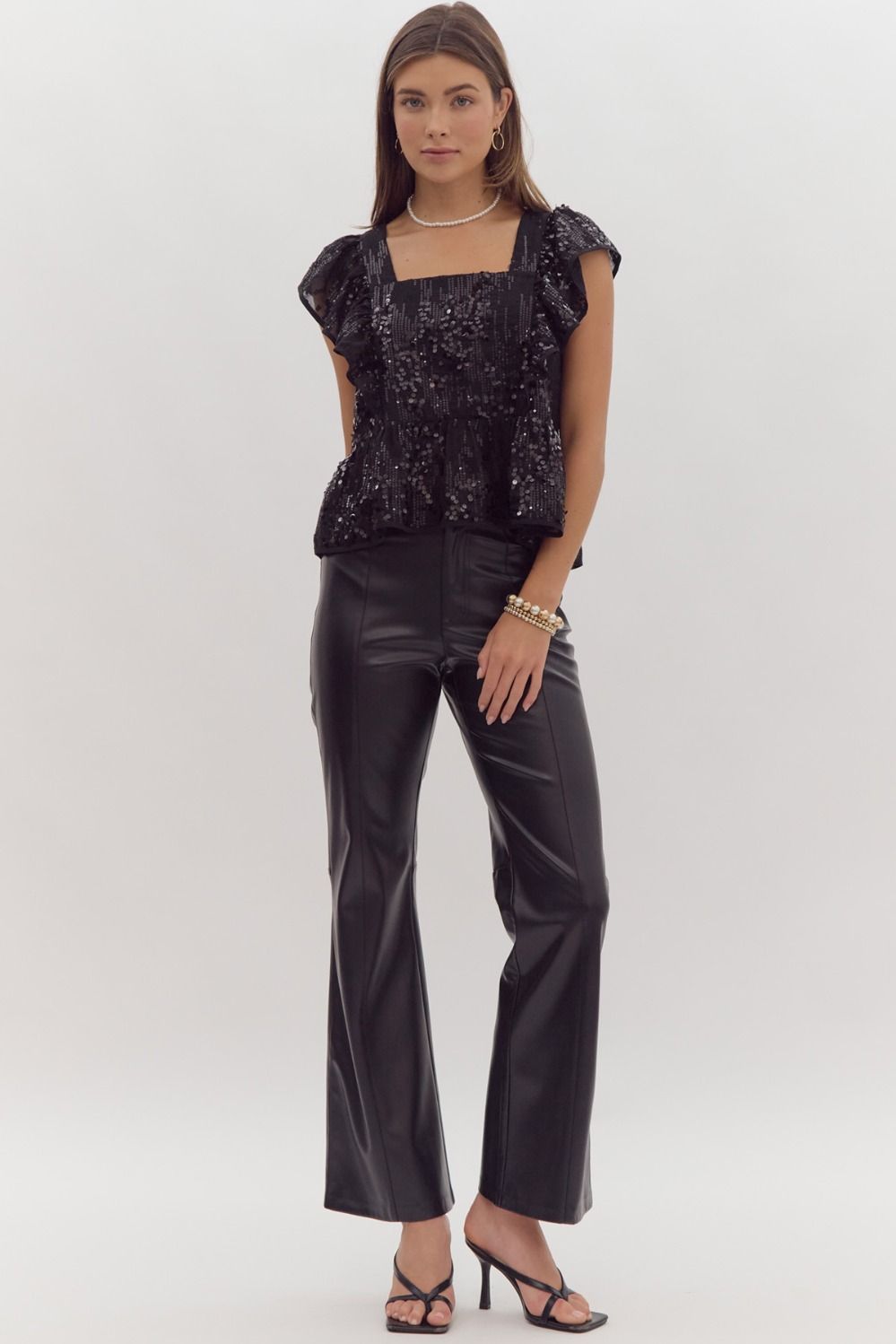 Sequin Ruffle sleeve square neck crop top w/ self tie at back