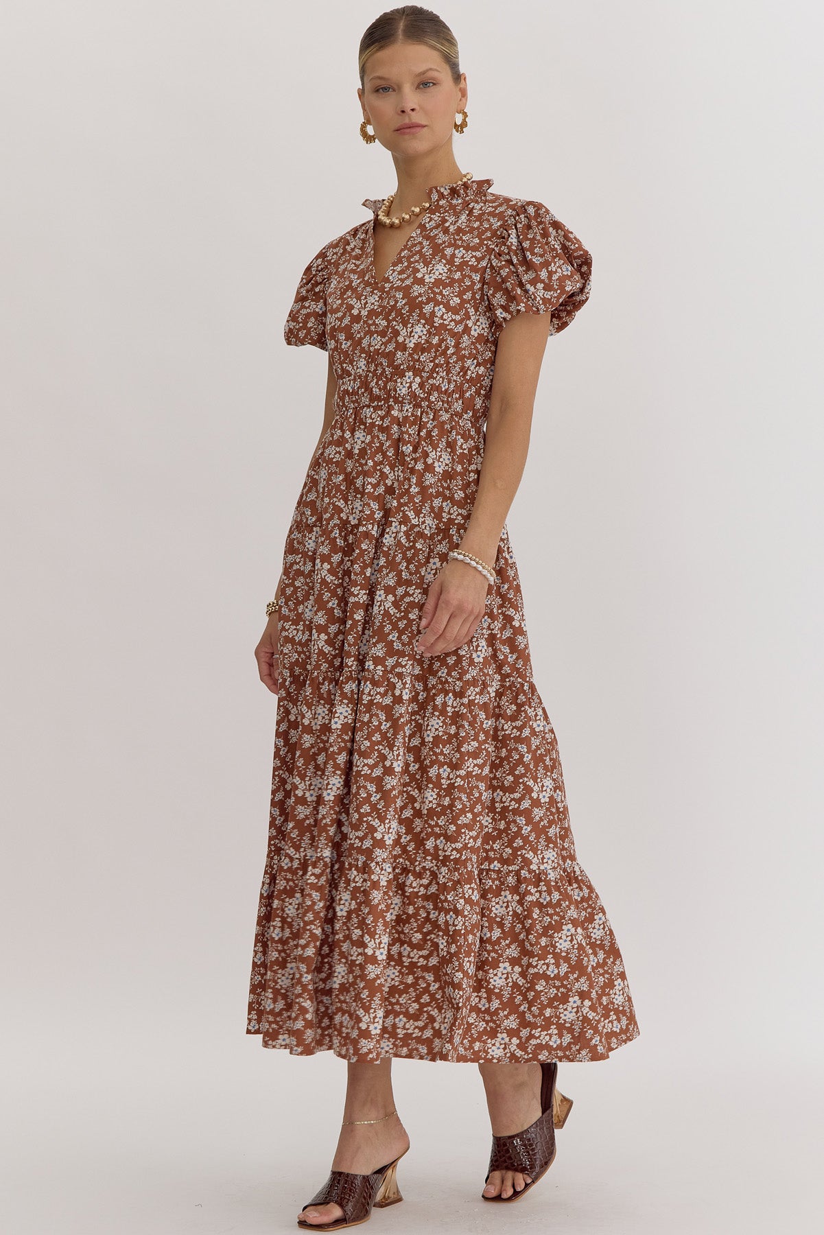 Floral print v neck bubble sleeve midi dress w/ elastic at waist
