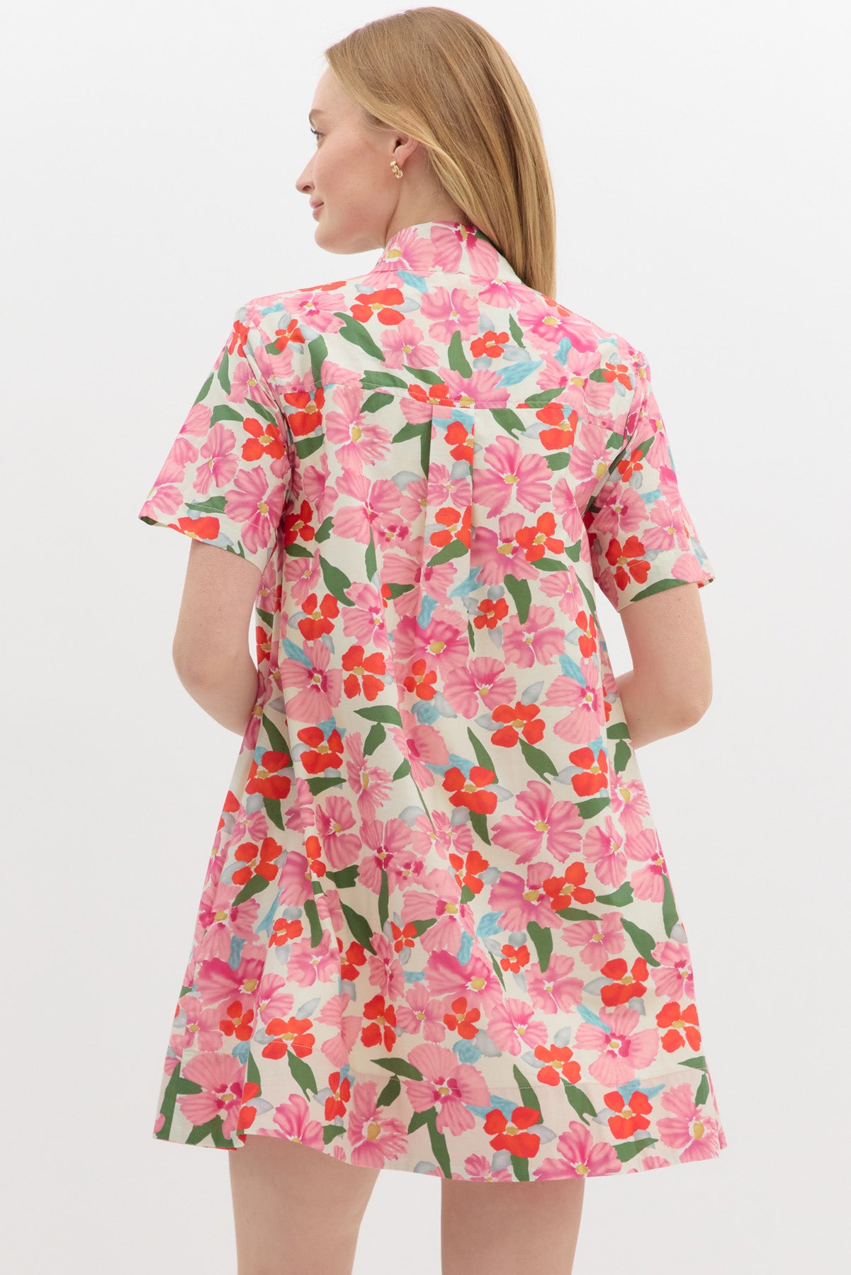 Short Sleeve Red and Pink Floral Mini Dress w/ Front Buttons