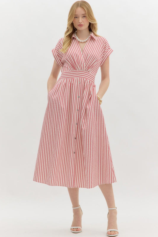 Stripe pattern surplice spread collar short sleeve pullover midi dress w/ faux button closure skirt, pockets, & smocked waist at back