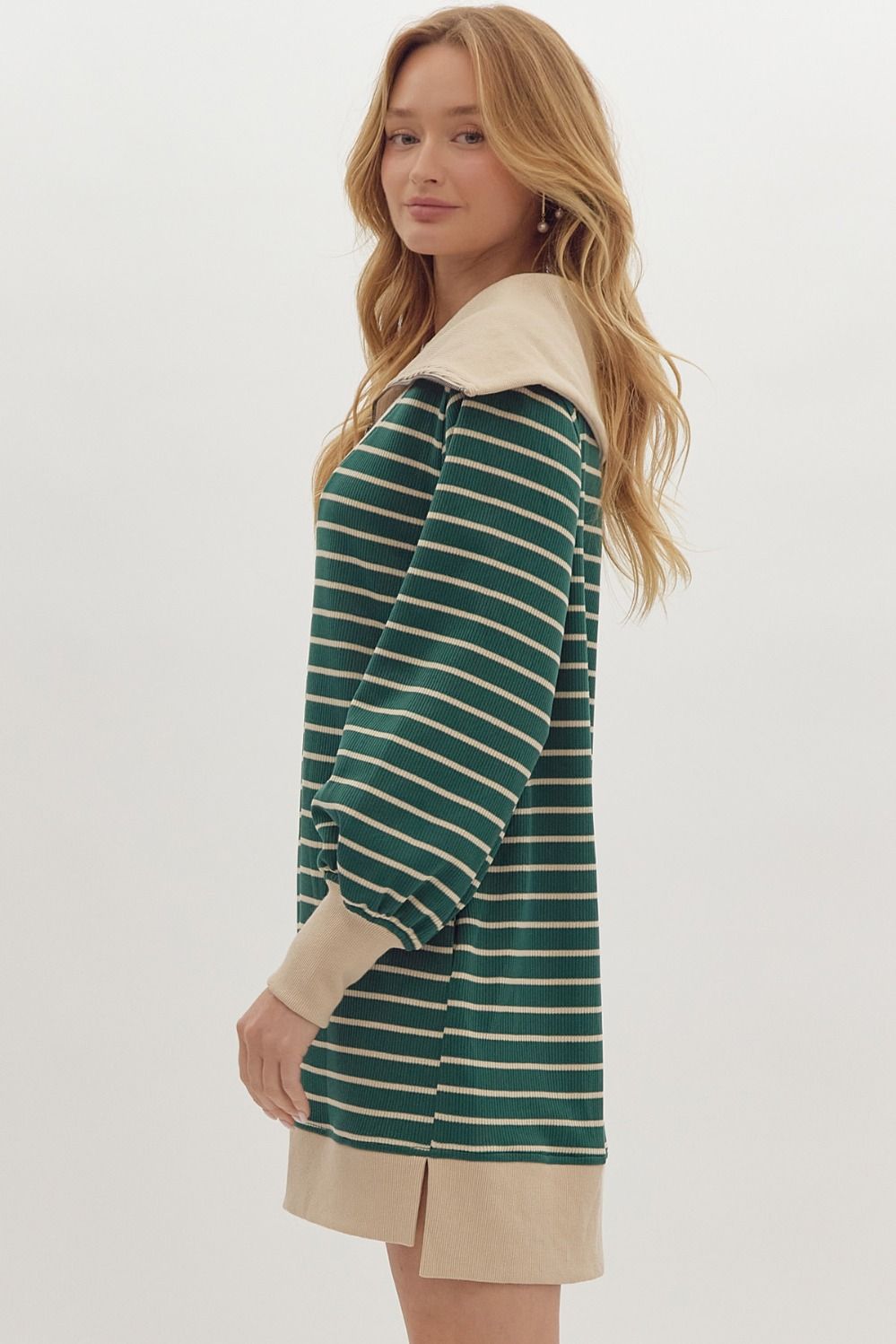 Striped Print Ribbed Zip Up Long Sleeve Mini Dress w/ Oversized Collar