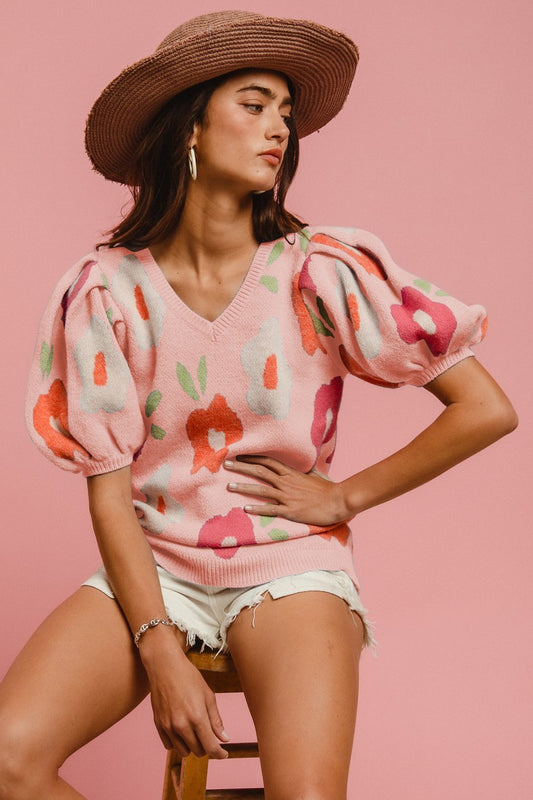 Floral pattern puff sleeves v-neck sweater