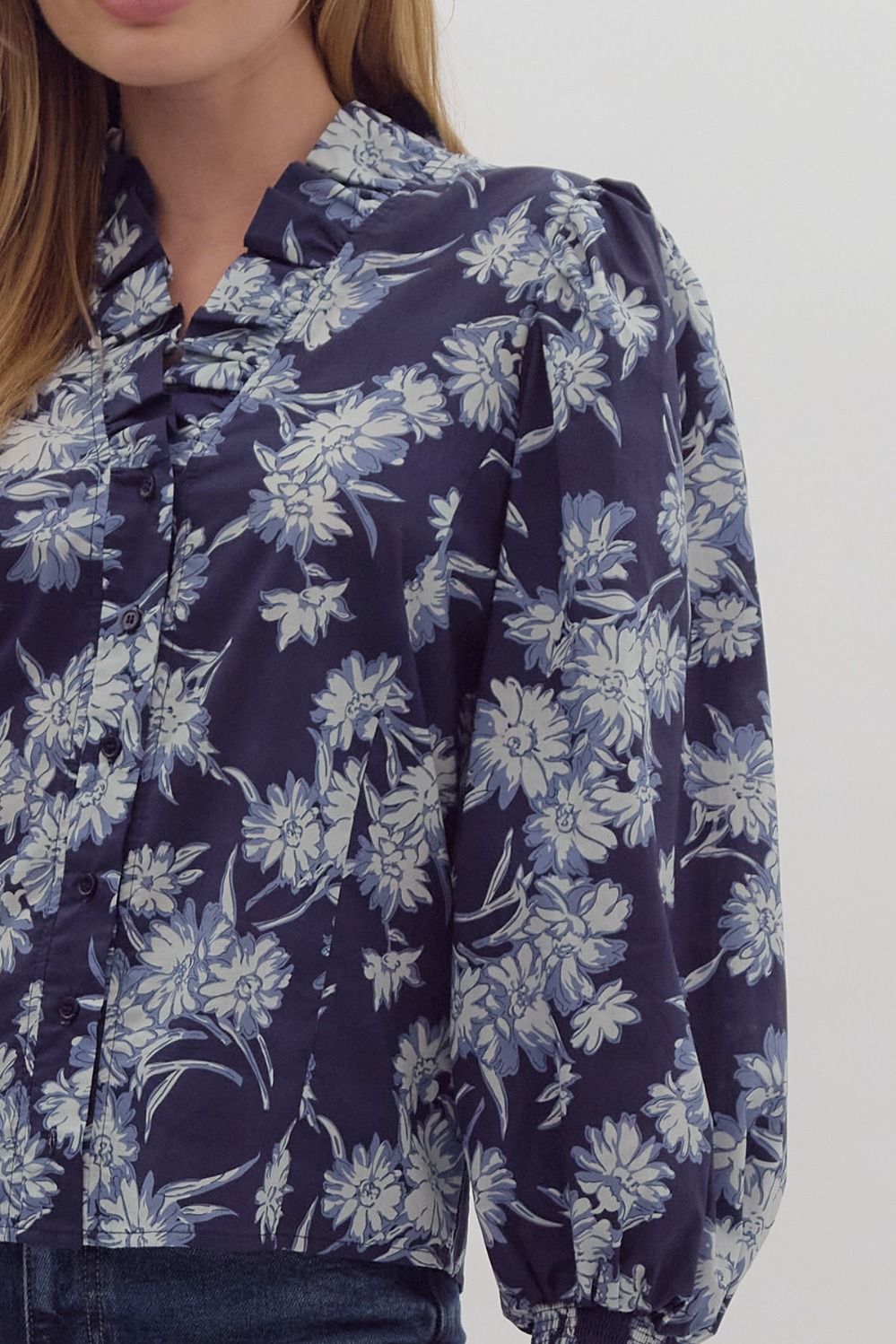 Floral Print Ruffle Neck Smocked Cuff Long Sleeve Button Poplin Blouse
