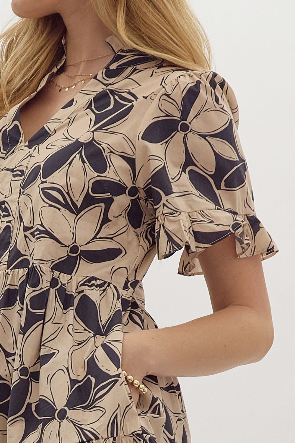 Floral Print V Neck Short Sleeve Mini Dress w/ Ruffle