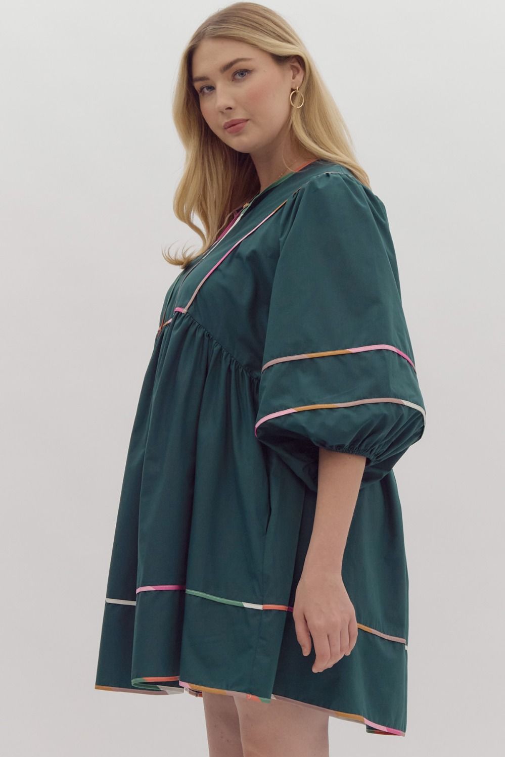 Solid Half Sleeve V Neck Mini Dress w/ Side Pockets & ColorBlock Trim