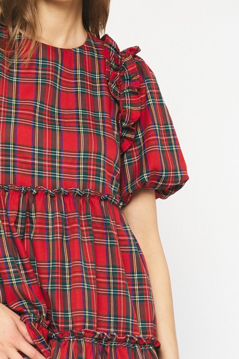 Plaid Short Sleeve Tiered Mini Dress w/ Ruffle Trim & Puff Sleeves