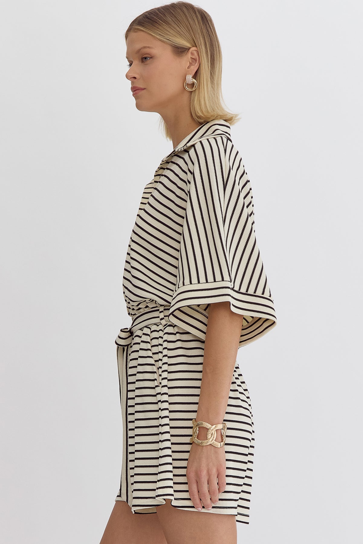 Textured Stripe Print Button Down Collared Half Sleeve Romper