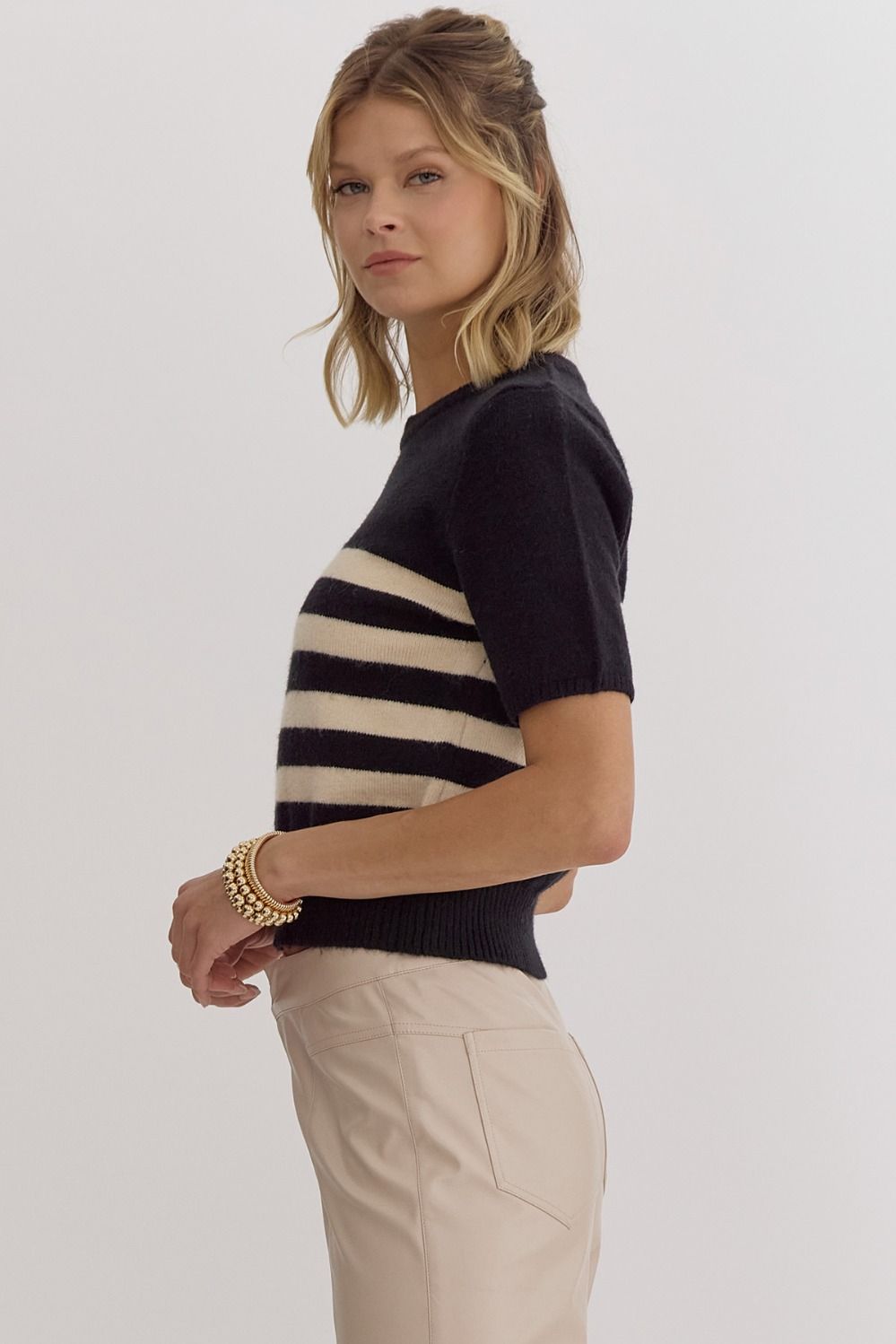 Stripe Print Round Neck Short Sleeve Knit Top