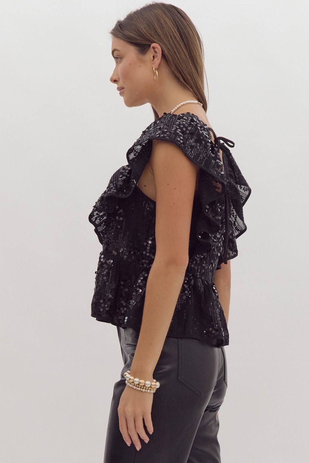 Sequin Ruffle sleeve square neck crop top w/ self tie at back