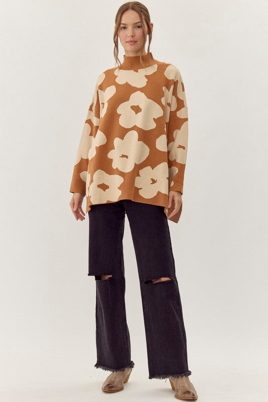 Flower print knitted pullover top