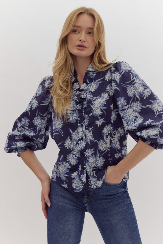 Floral Print Ruffle Neck Smocked Cuff Long Sleeve Button Poplin Blouse