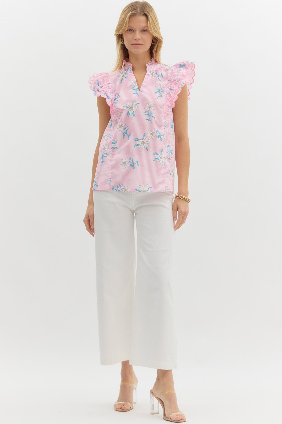 Light pink floral blouse w/ v-neck & ruffle sleeves