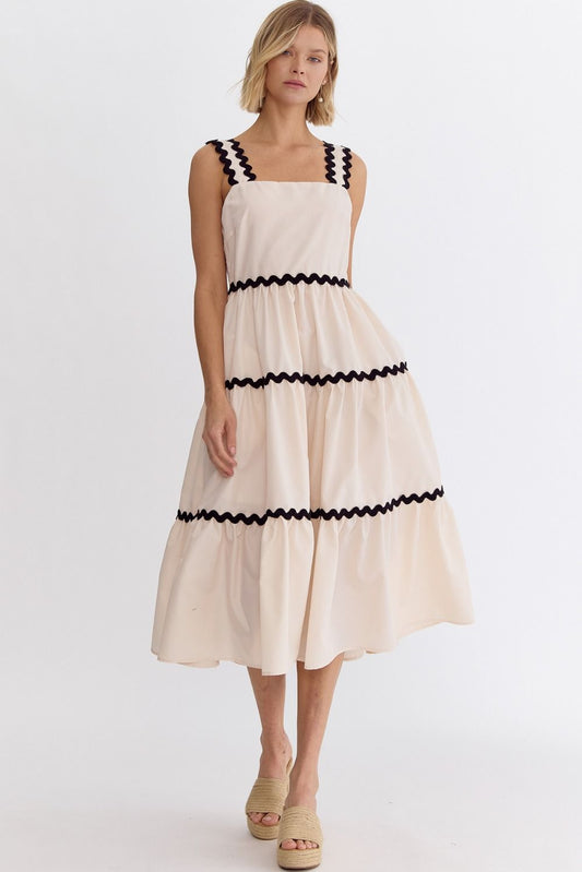 Solid Square Neck Sleeveless Midi Dress w/ Rick Rack Detail