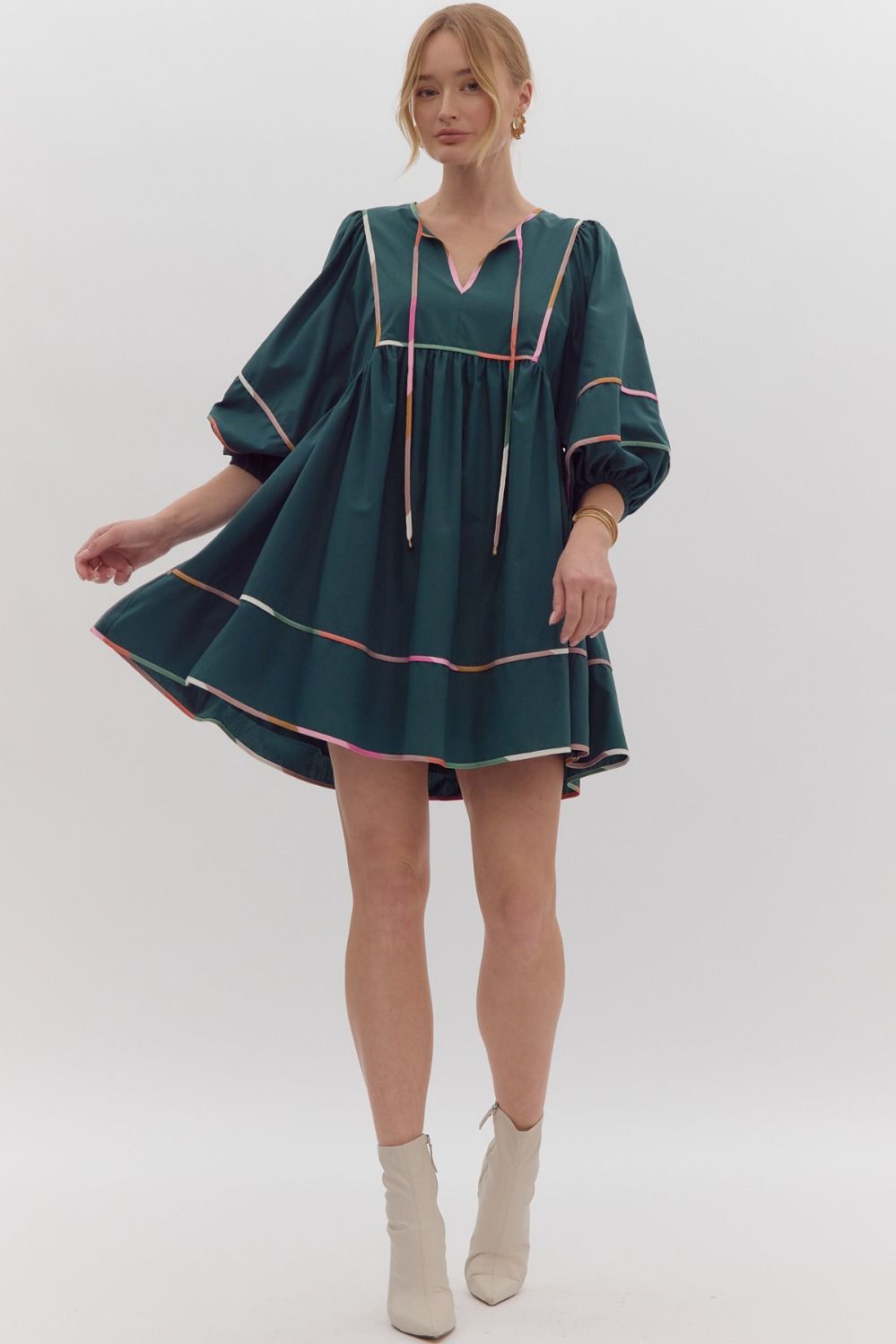 Solid Half Sleeve V Neck Mini Dress w/ Side Pockets & ColorBlock Trim