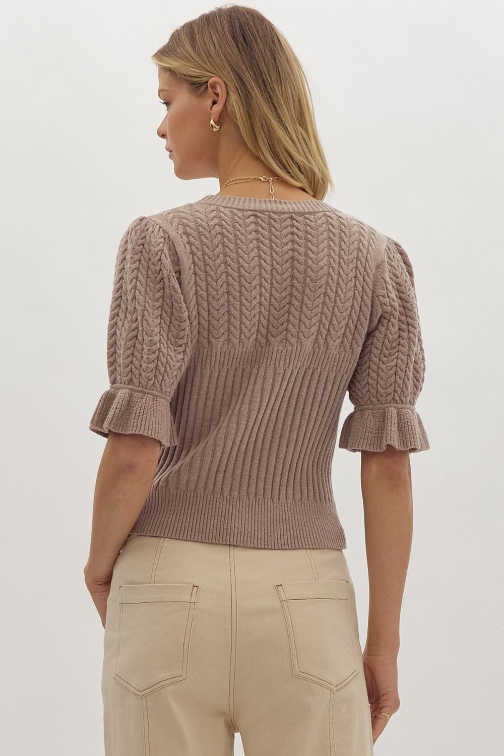 Solid Textured Knit Cropped Sweater w/ Ruffle Cuff