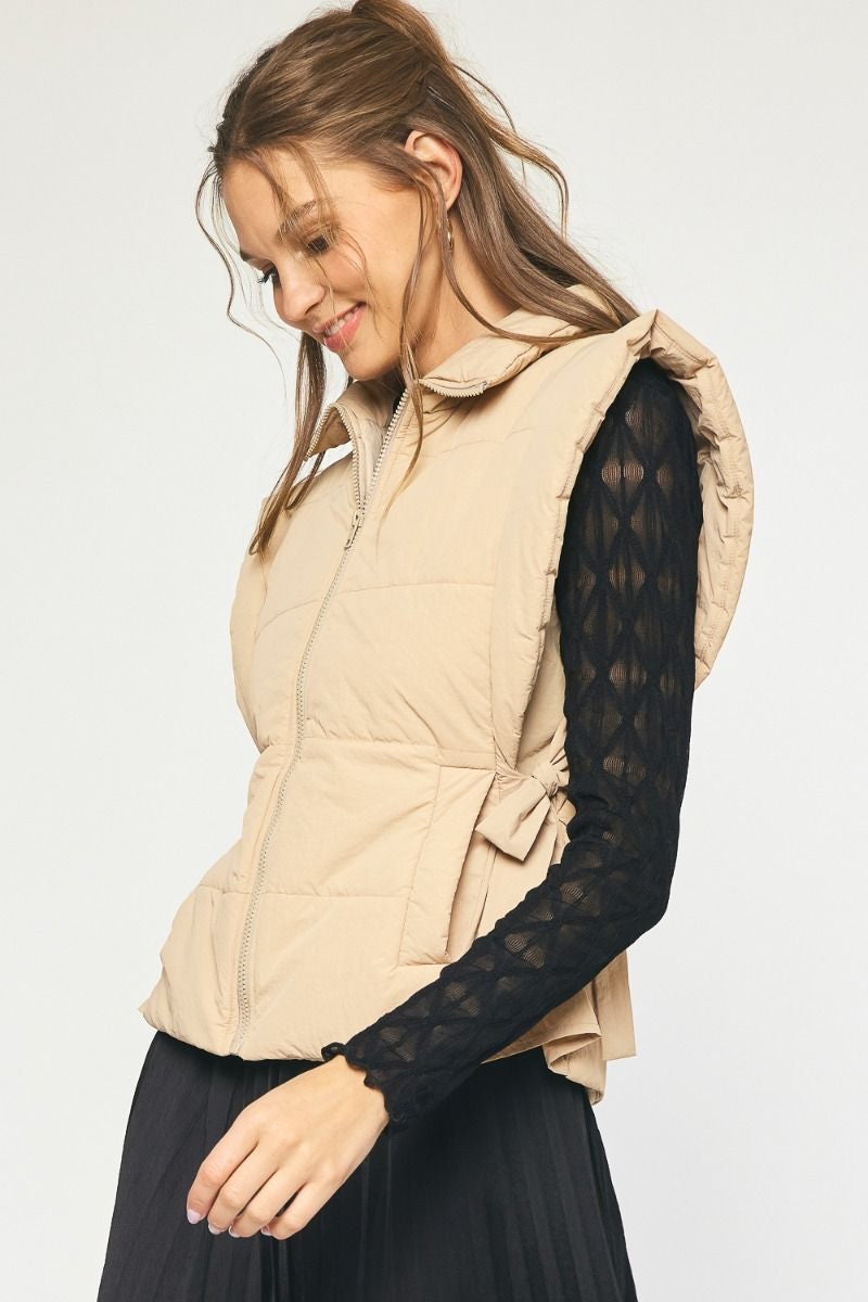 Solid Quilted Zip Up Collared Vest w/ Self Tie at Side w/ Pockets