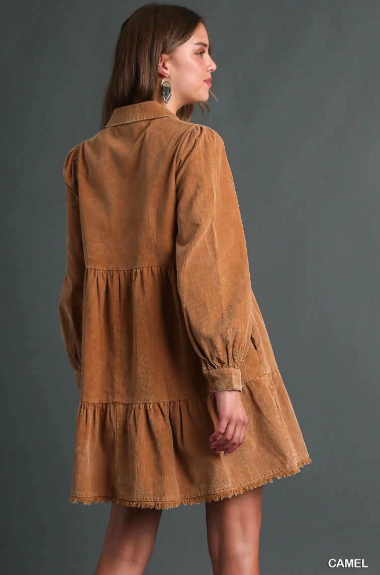 Mineral Wash Corduroy Tiered Dress w/ Fringe & Side Pockets