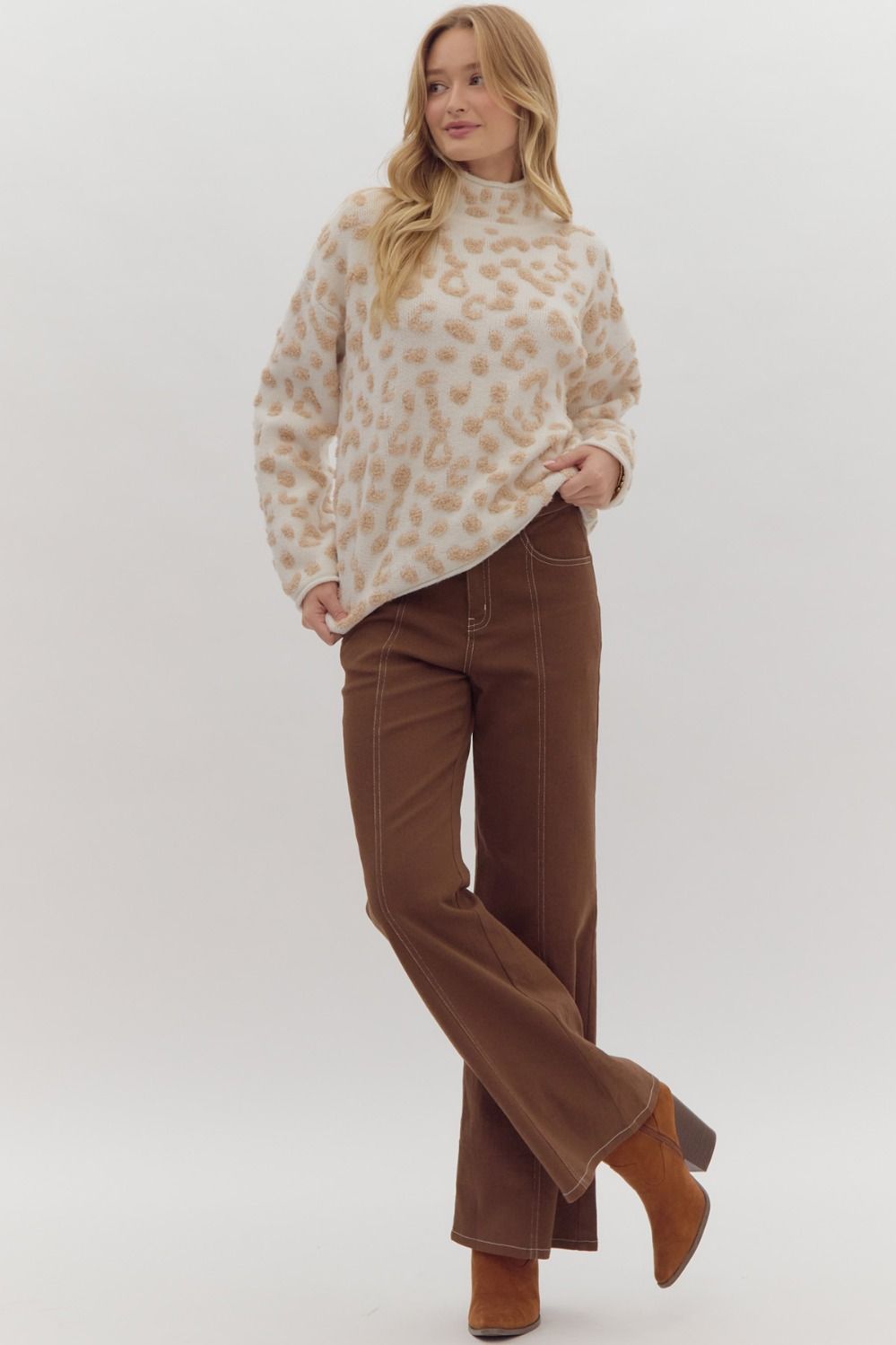 leopard print mock neck long sleeve knit sweater