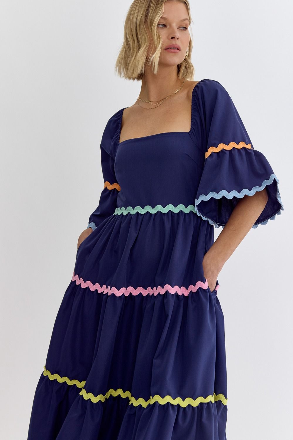 Solid Square Neck Sleeveless Midi Dress w/ Rick Rack Detail