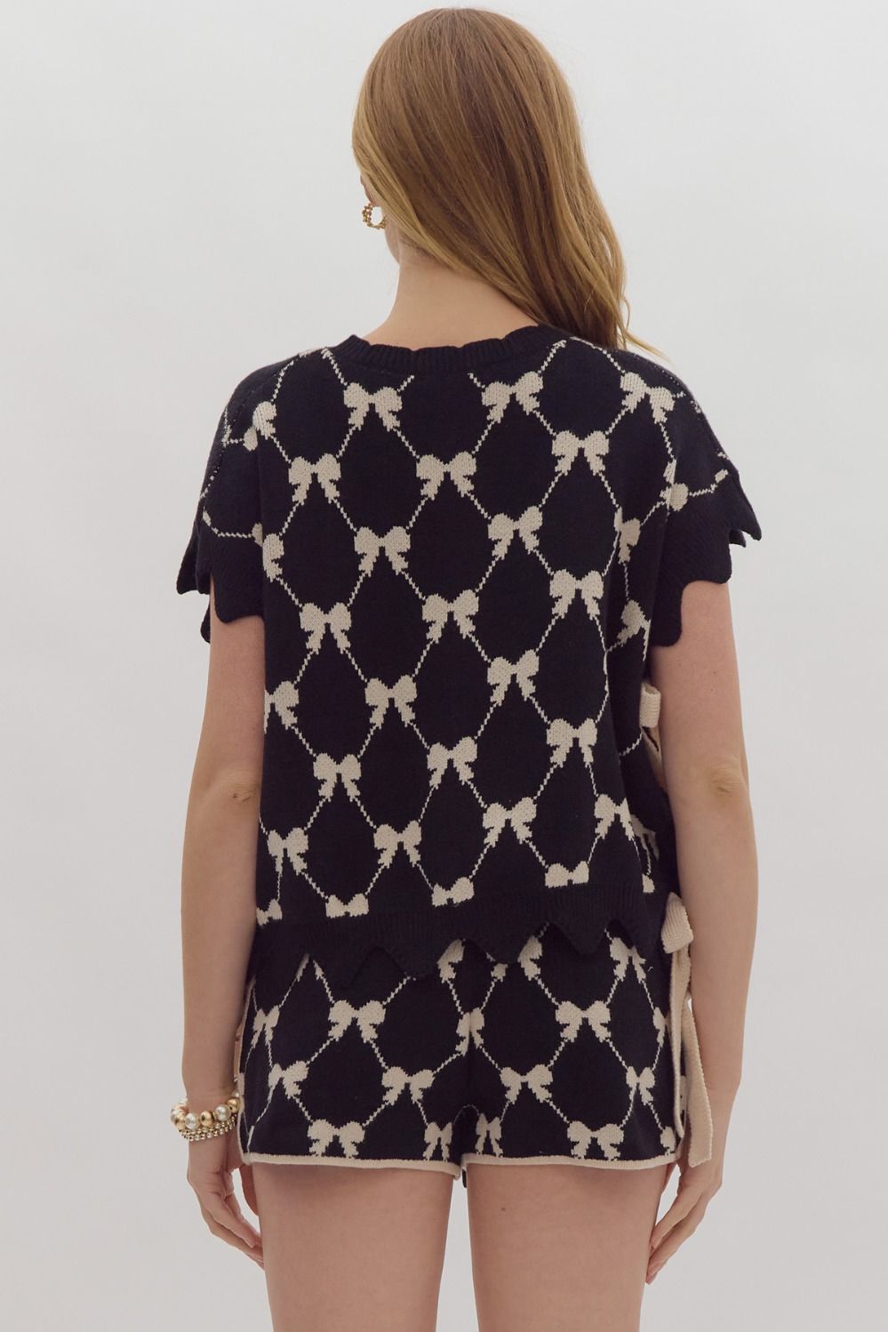 Bow Print Cropped Sweater Sweater Top w/ Self Tie at Sides