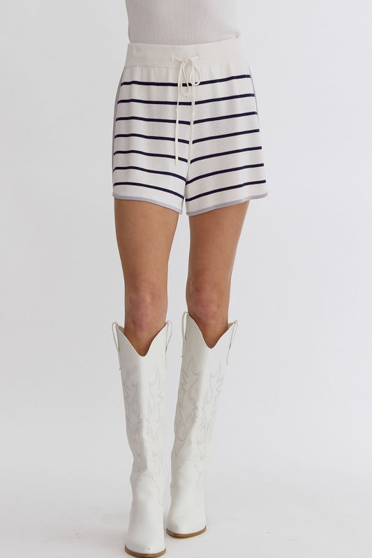 Striped high-waisted knit shorts w/ drawstring at waistband
