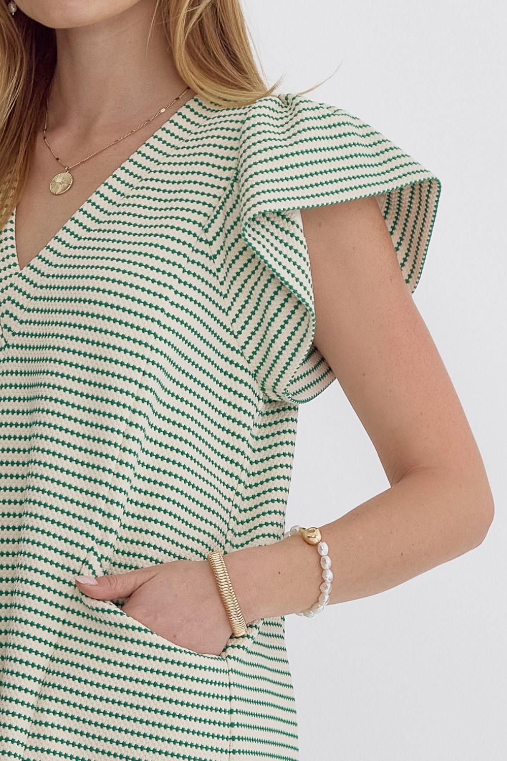 Textured V Neck Short Ruffled Sleeve Mini Dress w/ Pockets