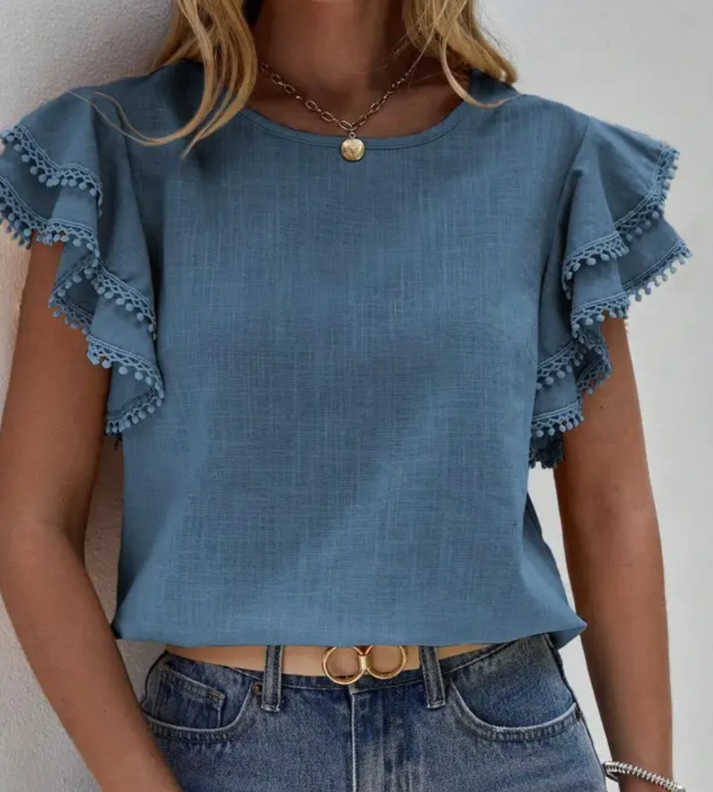 Casual ruffle sleeve v-neck blouse soft cotton Pom Pom trim short sleeve blouse