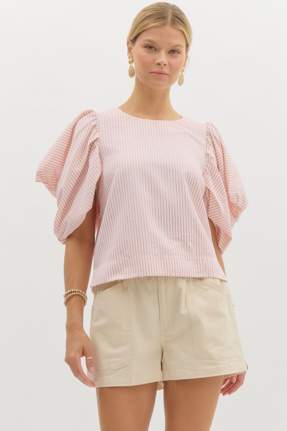 Pinstripe textured voluminous short sleeve top w/ side split hem