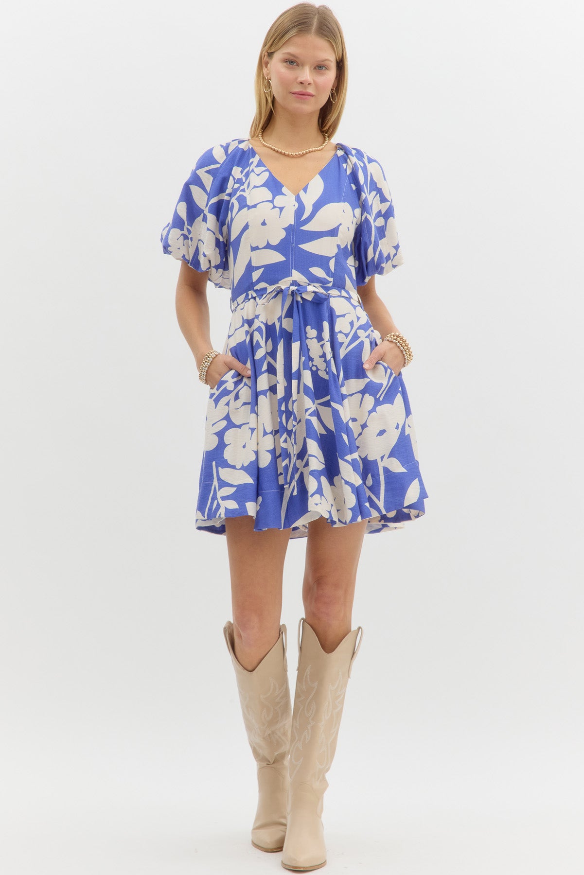 Blue and White Floral Mini Dress w/ Puff Sleeve and Self Tie