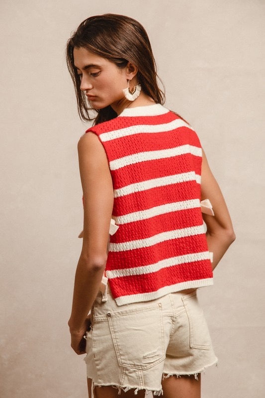 Textured stripe side tied vest top