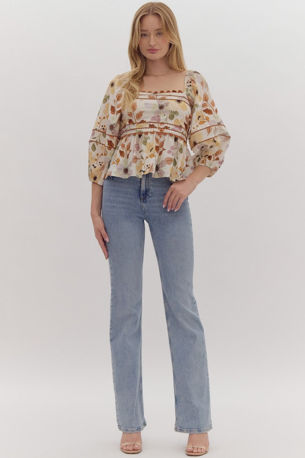 Floral Print Elasticized 3/4 Sleeve Balloon Sleeve Peplum Top