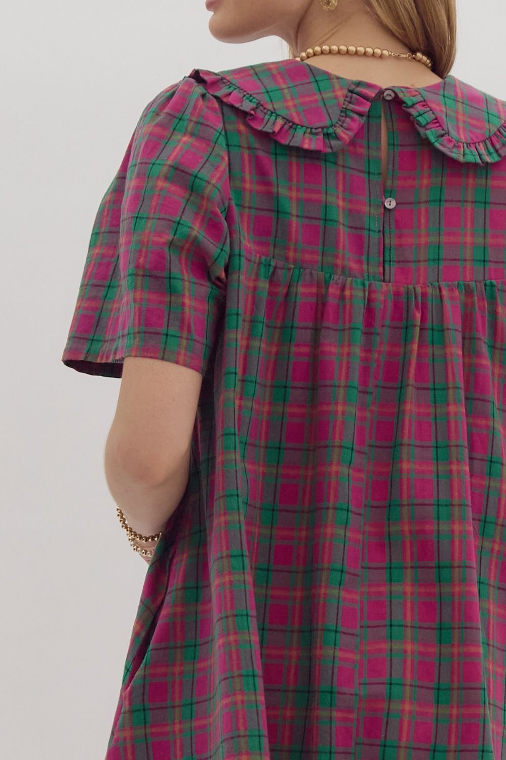 Plaid Print Short Sleeve V-Neck Mini Dress w/ Peter Pan Collar Burnett's Boutique Plaid Print Short Sleeve V-Neck Mini Dress w/ Peter Pan Collar Burnett's Boutique