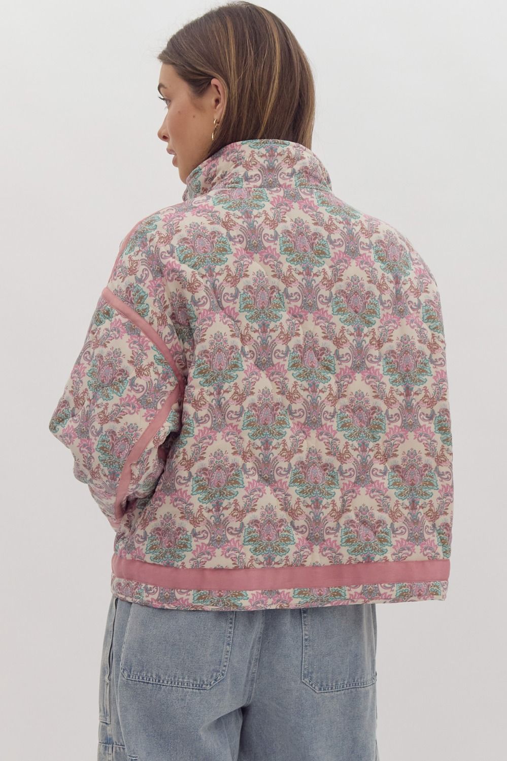 Printed Long Sleeve Snap Button Jacket w/ Side Pockets & Self Tie Detail at Waist