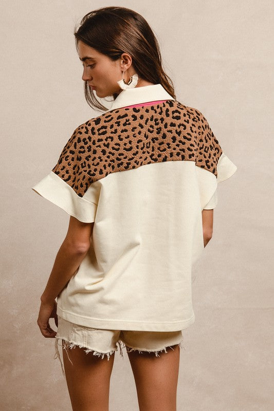 Contrast Placket Flutter Sleeve Top w/ Leopard Knit