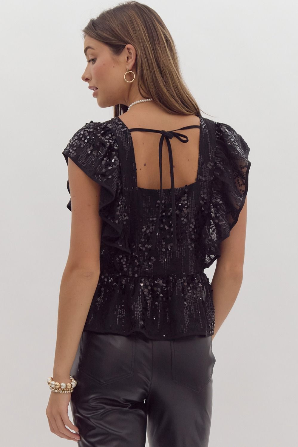 Sequin Ruffle sleeve square neck crop top w/ self tie at back