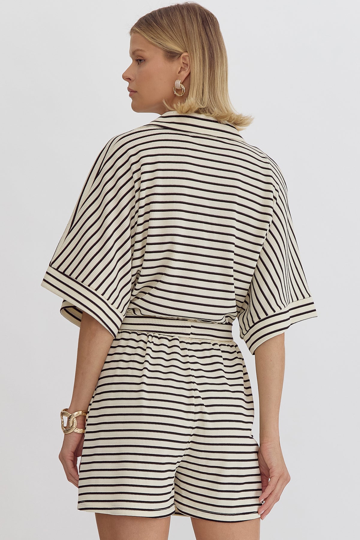 Textured Stripe Print Button Down Collared Half Sleeve Romper