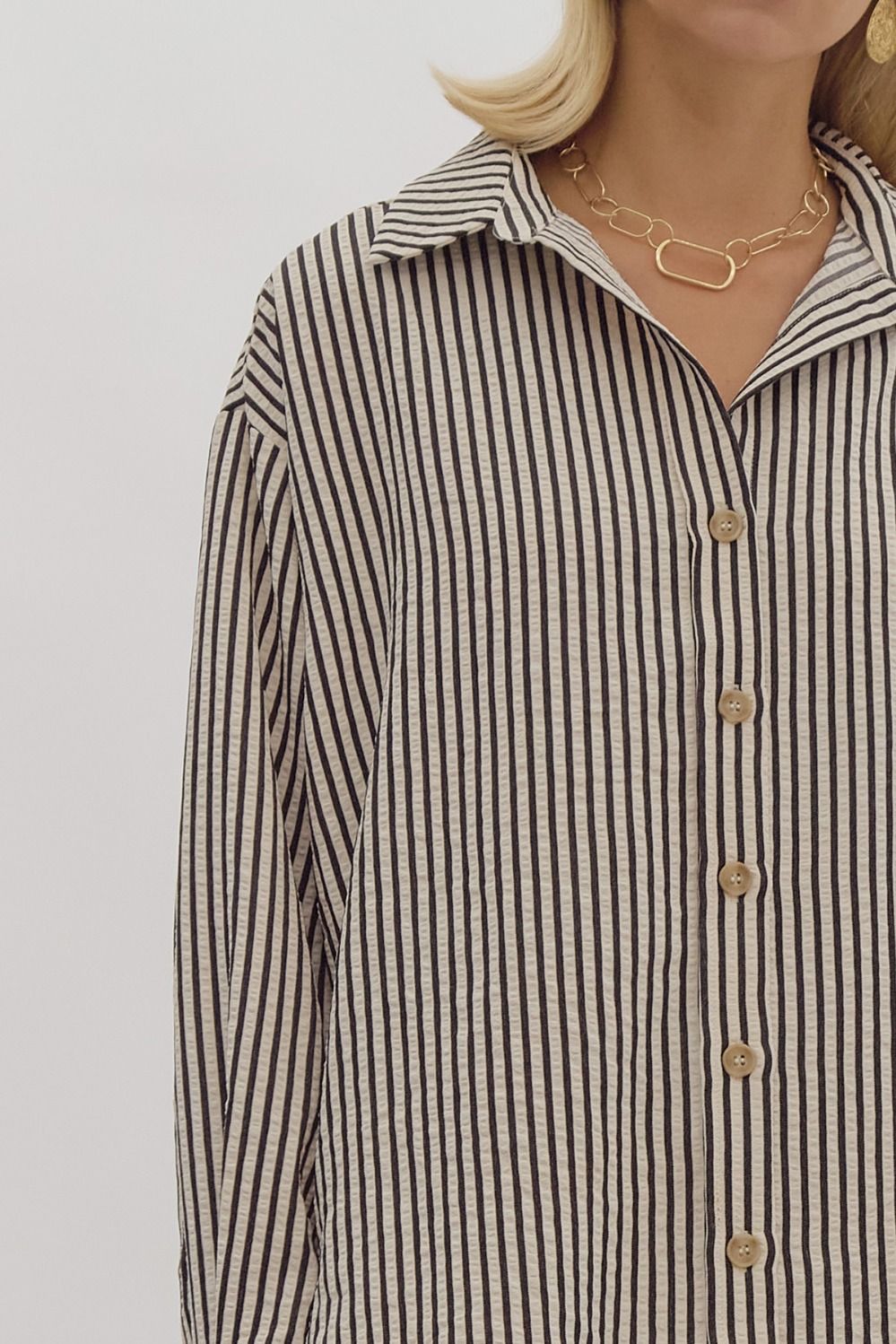Stripe Collared Button Up Long Sleeve Oversized Top w/ Hi-Low Hem