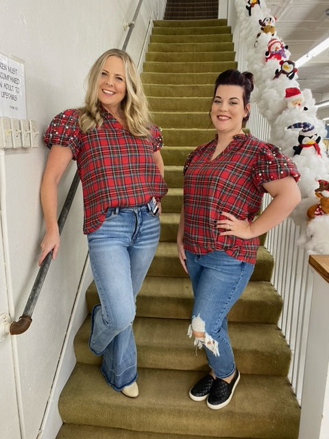 Red Plaid Flannel Top w/ Puff Sleeves + Pearl Detail