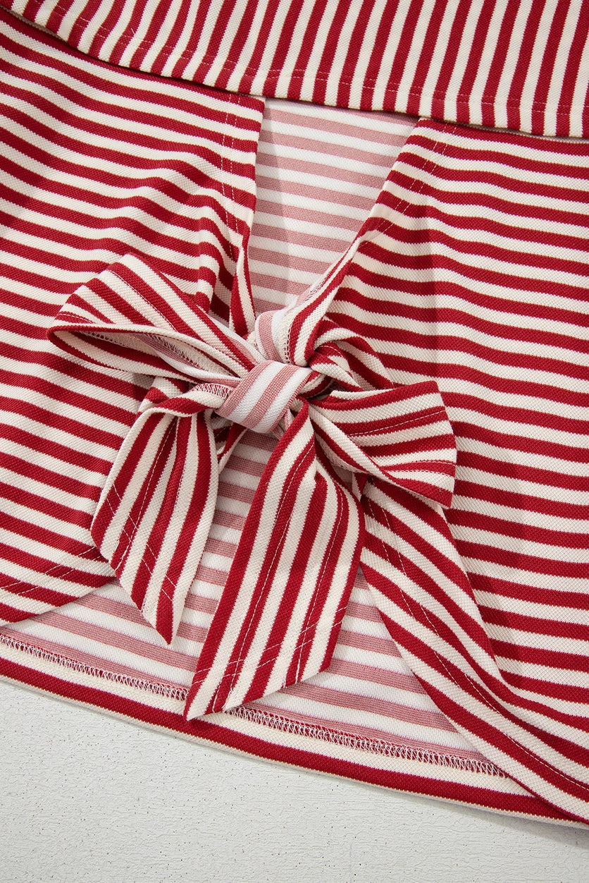 Red Stripe Bowknot Cutout Back Drop Shoulder Wide Sleeve Top
