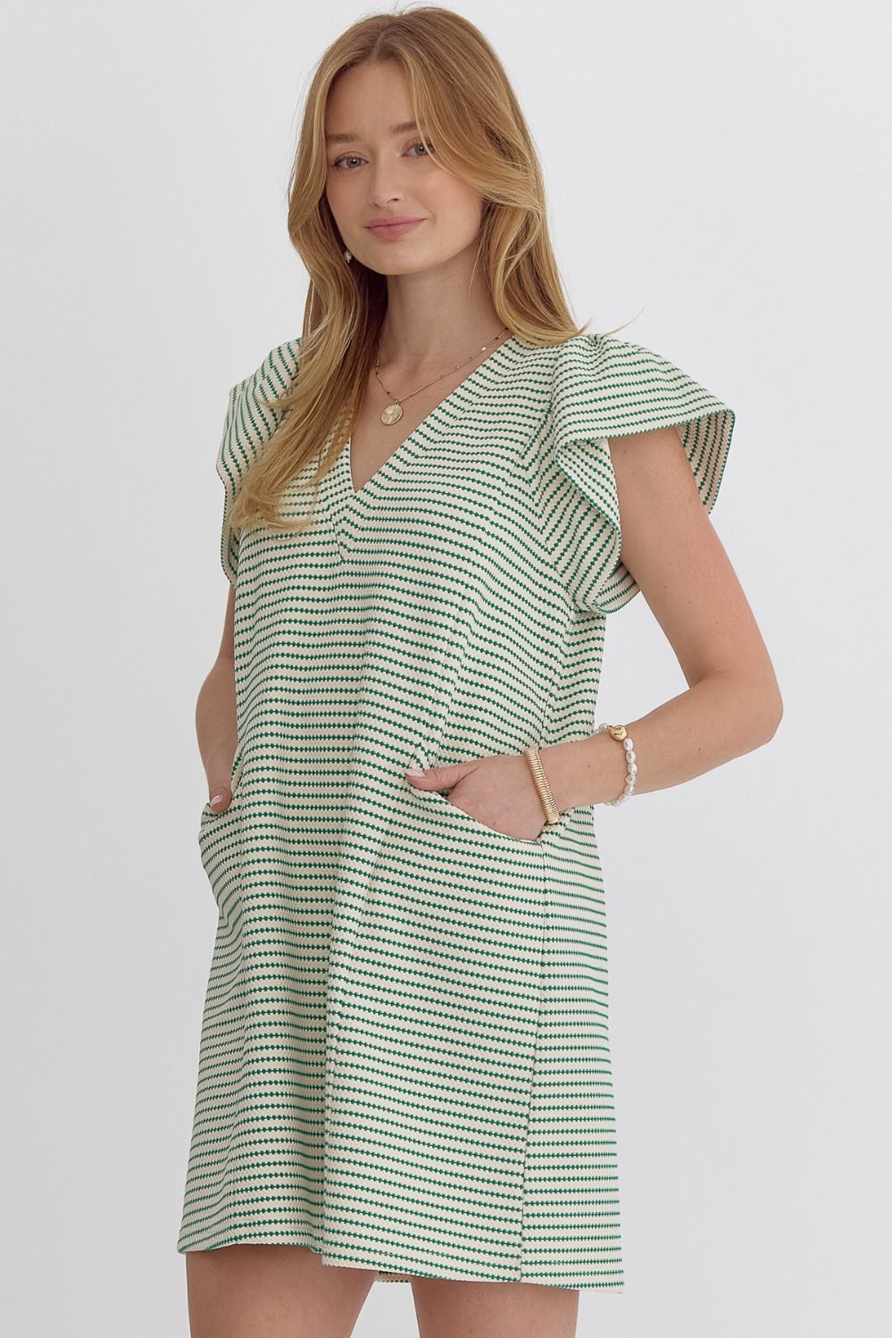 Textured V Neck Short Ruffled Sleeve Mini Dress w/ Pockets